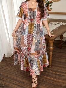 Lacomfia Women's Elegant Minimalist Fashion Bohemian Style Vintage Resort Floral Ruffle Sleeve Dress Patchwork Dress Bohemian Dress For Women Women Summer Dress Cottagecore Dress - Multicolor - View 4
