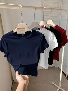SHEIN Tall CURVE Setelan 4 Potong Ukuran Plus, Warna Polos, Model Crop, Leher Bulat, Lengan Pendek, Pas Badan, Cocok untuk Musim Panas - MultiWarna - View 2