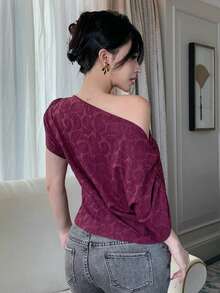 DAZY Women's Solid Color Batwing Short Sleeve Ruched Fashion T-Shirt Summer - Burgundy - View 6