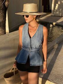 Livesso 女士V领休闲无袖牛仔上衣 - 藍色 - 查看 3