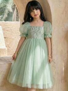 少女优雅可爱串珠网纱泡泡袖迷你连衣裙，适合生日派对 - 彩色 - 查看 11