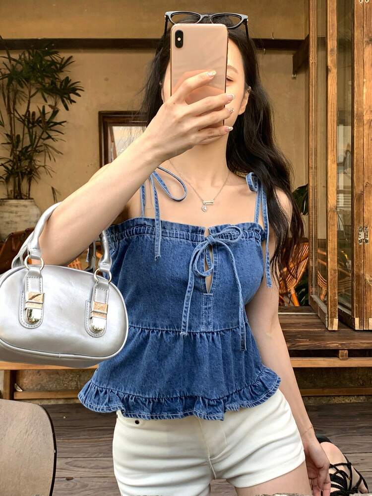 Women's Solid Color Spaghetti Strap Summer Tie-Up Ruffle Hem Denim Blouse