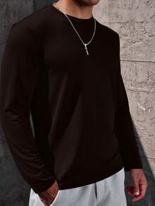 Manfinity Homme Men's Solid Color Round Neck Casual Versatile Long Sleeve T-Shirt, Spring/Summer - Coffee Brown - View 4