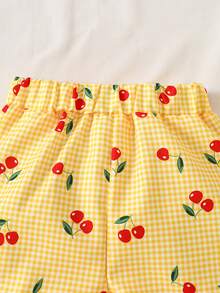 SHEIN Vintaside Kids 2pcs/Set Baby Girl Spring&Summer Vacotion Style Cherry&Plaid Printing Slip Top&Short Pants Cherry Toddler Set - Yellow - View 4