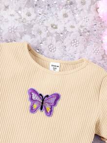 SHEIN Tween Girl Basic Casual Spring/Summer Knit Round Neck Fitted Butterfly Applique Dress - Apricot - View 4