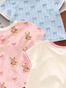 SHEIN 3件套少女休闲马卡龙系列奶油粉、奶油白、奶油蓝配色，复古可爱樱桃、蝴蝶结、小熊印花时尚甜美圆领短袖T恤，适合春夏日常穿着，街头风 - 彩色 - 查看 6