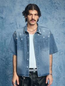 ROMWE MEN Grunge Punk 男士时尚珍珠装饰牛仔短袖上衣 - 棕色 - 查看 4