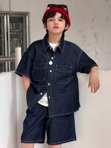 DAZY Tween Boy Summer Casual Shirt And Denim Shorts Set - Blue - View 7