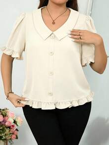 SHEIN Clasi 大码优雅简约纯色荷叶边纽扣装饰衬衫，夏季 - 杏色 - 查看 1