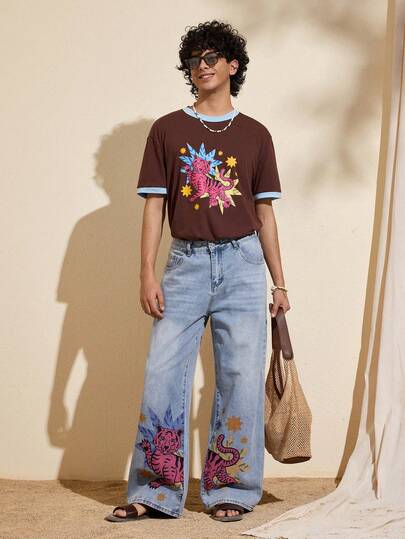 Felipe Marques Men's Casual Tiger Print Wide-Leg Jeans