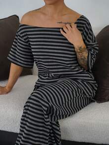 SAYEHFBABY 女士夏季简约街头服饰基本款日常穿着外出运动舒适露肩 T 恤和阔腿运动裤两件套服装 - 彩色 - 查看 3