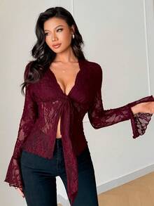 Islaluna 优雅蕾丝上衣 性感上衣 约会之夜上衣 开襟上衣 酒红色上衣 蝴蝶结上衣 夏季上衣 春假情人节沙滩上衣 优雅女士上衣 休闲女士红色上衣 - 酒紅色 - 查看 7