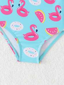 Infant & Baby GirlCute Flamingo Print Knit Fabric Swimsuit Set With Swimming Cap, Suitable For Summer Vacation Swimming - Pink - View 6