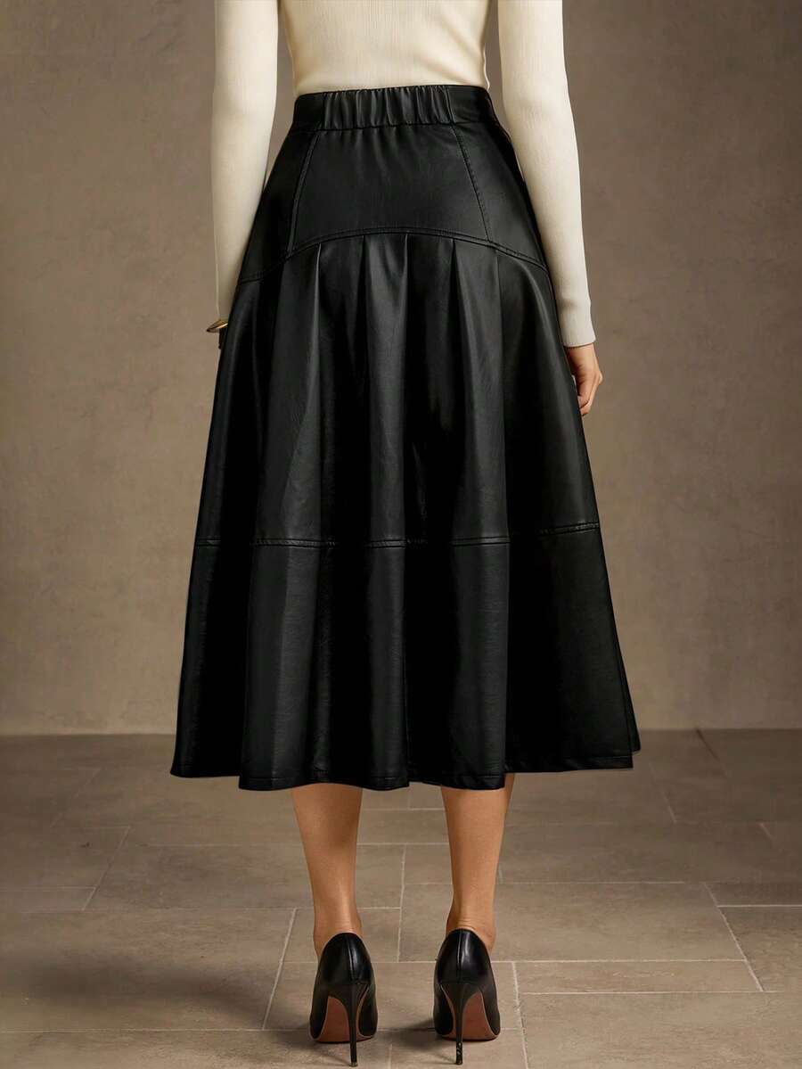 MOTF PREMIUM 女士PU皮革褶皱A字裙 - 黑色 - 查看 2