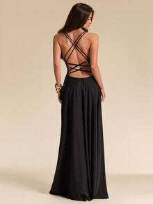 SHEIN BAE Đầm maxi nữ màu đen trơn, kiểu dáng đơn giản, hở lưng, cổ chữ V sâu, thích hợp cho tiệc tùng, kỳ nghỉ, tiệc chiêu đãi, đám cưới, đi chơi đêm, hẹn hò lãng mạn, mùa xuân/hè. - màu đen - Xem 1