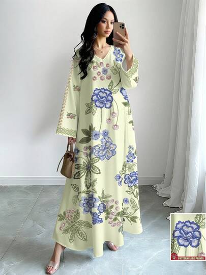 SHEIN Najma Damklänning med blommig gren, geometriskt broderi, retrotryck, v-ringning, långärmad, elegant maxiklänning i arabisk stil, vår/sommar