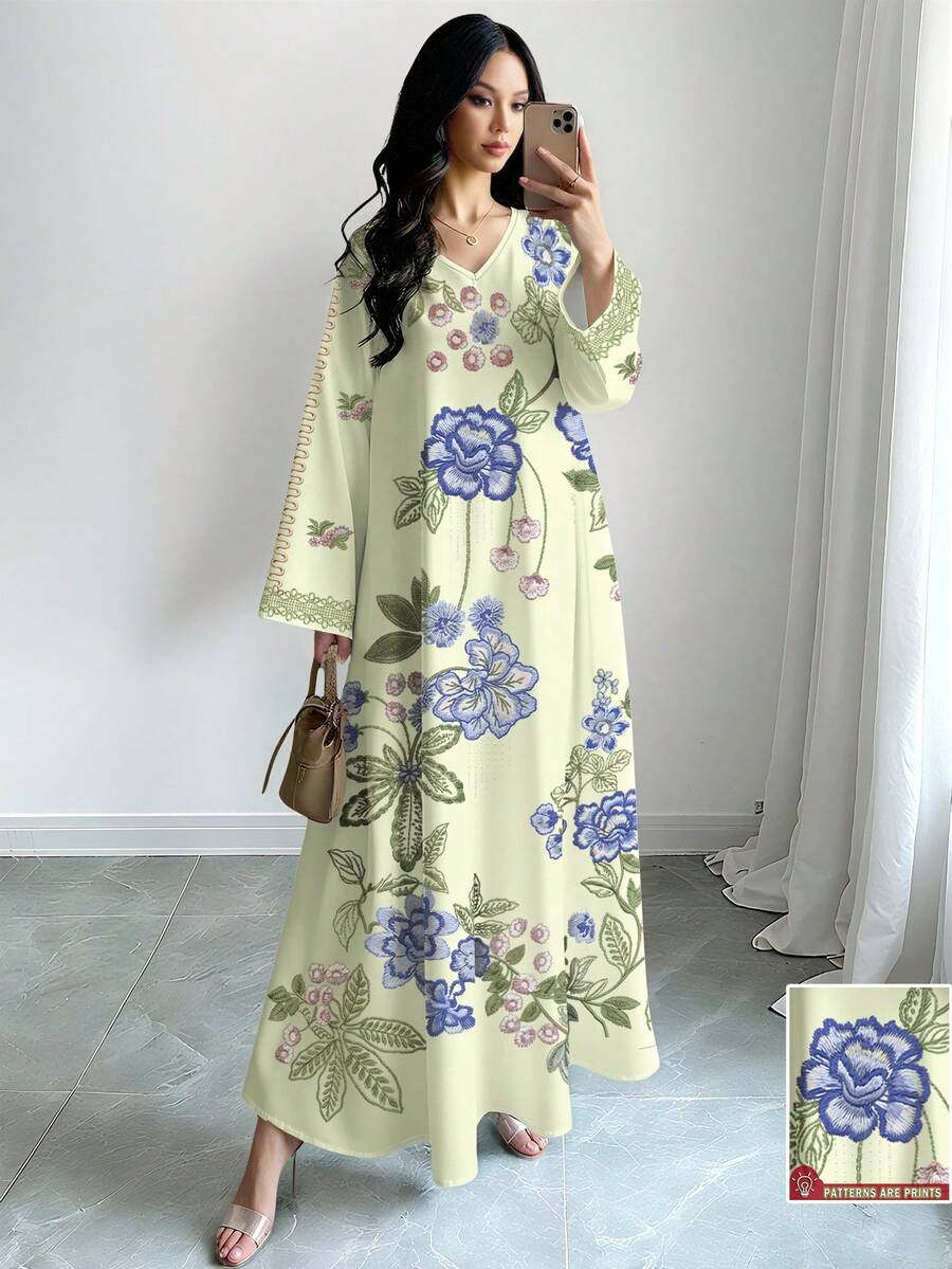 SHEIN Najma 女士花卉枝条几何刺绣复古印花V领长袖优雅阿拉伯风格长款连衣裙,春夏款 - 彩色 - 查看 1