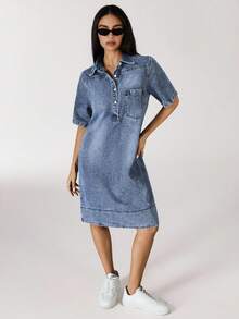 Flexra Women's Summer Polo Collar Short Sleeve Straight Loose Casual Denim Dress - Blue - View 6