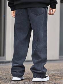 Devon Thys 高端简约百搭直筒洗水牛仔裤，抽绳松紧腰休闲裤，四季皆宜 - 深灰色 - 查看 2