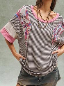 Bohemela 这款波西米亚风春夏休闲女式T恤，采用西部乡村风格的复古条纹拼接设计。适合音乐会、派对、海滩度假、日常穿着、返校季、运动、郊游、骑行、聚会、情人节、嘉年华和音乐节等场合。 - 彩色 - 查看 2