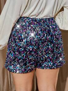 SHEIN Clasi Quần short đính sequin thanh lịch dành cho nữ cỡ lớn - Màu tím - Xem 2
