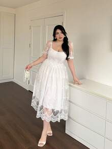 Vibekara Plus Size Square Neck Waist Gathered A-Line Lace Dress - White - View 5