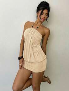 Aloruh Vestido mini sexy de mujer con cuello halter fruncido y cuentas de unicolor - Albaricoque - Ver 4