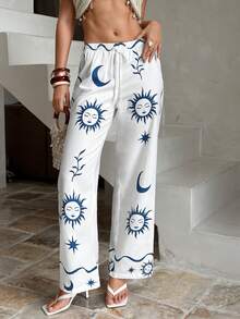 Aloruh Vacation Print Elastic Waist Straight Leg Casual Pants - Blue and White - View 4