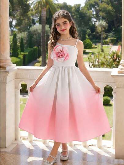 SHEIN Girls' Ombre Floral Print Dress, Fashionable & Elegant, Cute & Sweet Style, Suitable For Holidays, Relaxation, Family Gatherings, Dining, Parties, Summer Season