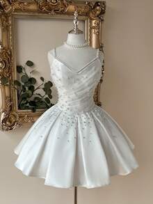 Lovelzi Elegant Fashion White Satin Mesh Patchwork Strapless Pearl Decor A-Line Formal Party Dress, Wedding Guest Bachelorette Prom Bridal Shower - White - View 1