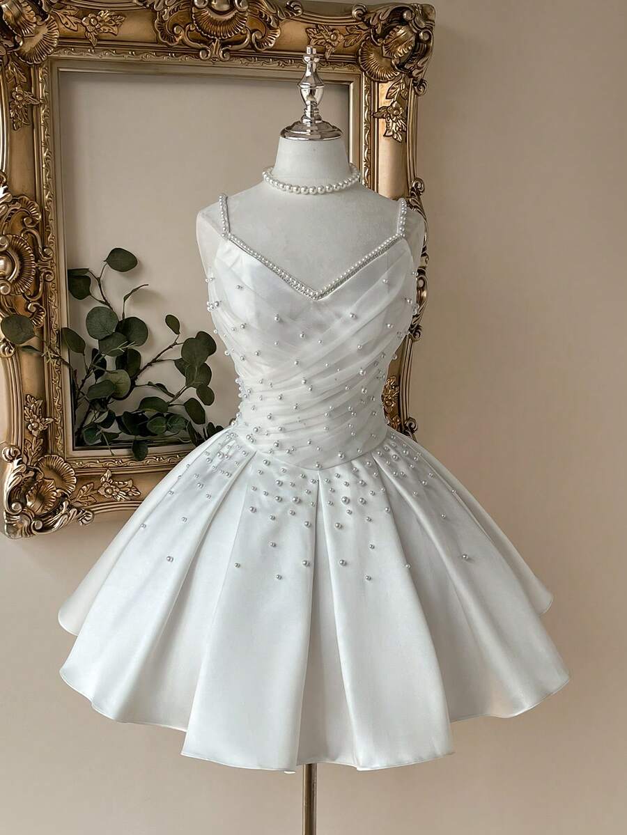 Lovelzi Elegant Fashion White Satin Mesh Patchwork Strapless Pearl Decor A-Line Formal Party Dress, Wedding Guest Bachelorette Prom Bridal Shower - White - View 1