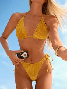 Swim Mod Women's Lemon Yellow Halter Sexy Bikini Set - Yellow - View 1