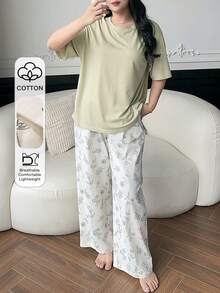 Dazy Plus 2pcs Spring/Summer Homewear Set, Loose Solid Color T-Shirt Top & Floral Line Drawing Print Pajama Pants Sleepwear Suit - Green - View 2