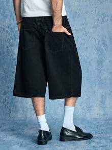 ROMWE MEN Street Life Men's Summer Casual Fashion Street Double Waistband Pleated 2 In 1 Denim Shorts - Black - View 3