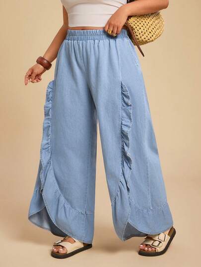 Travachic Plus Size Women Elastic Waist Patchwork Ruffle Hem Wide Leg Jeans