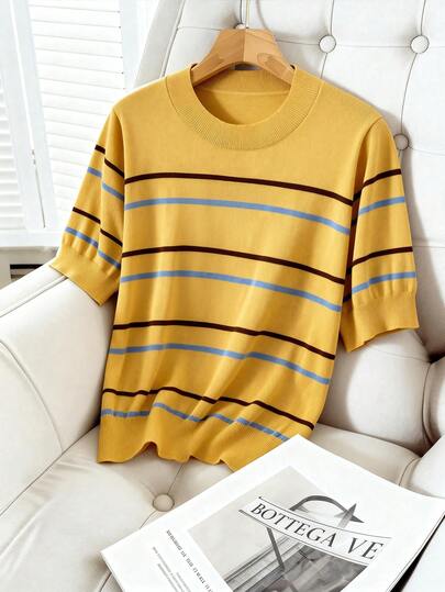 GlowEve CURVE Plus Size Casual Color Block Round Neck Short Sleeve Knit Top