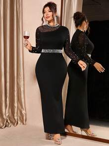 SHEIN CURVE+ Plus Size Women Solid Color Faux Pearl Decor Mesh Patchwork Long Sleeve Fitted Elegant Dress - Black - View 3