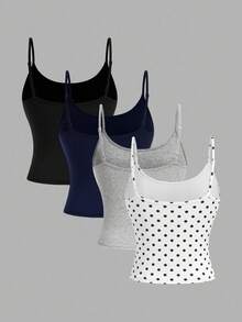 SHEIN Girlism 青少年女孩 4件組 女款修身短版休閒背心上衣，白色底波點背心，適合春夏秋冬，簡約百搭針織素色印花背心上衣 - 彩色 - 查看 2