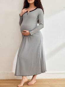 Moonlight&Mama Chemise de nuit à manches longues pour femmes enceintes, avec boutons, empiècement en dentelle et couleurs contrastées - Gris - Voir 7