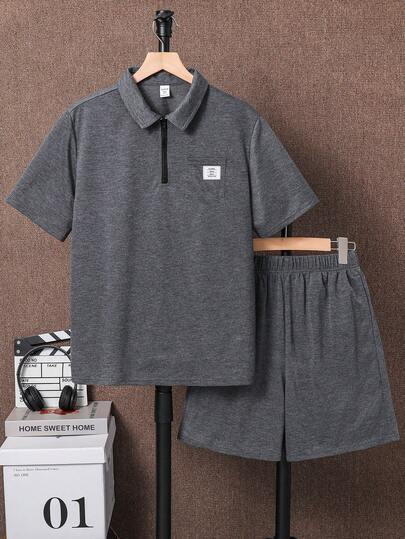 2pcs/Set Teen Boy Loose Fit Solid Turndown Collar Short Sleeve Polo Shirt And Shorts Set, Casual Outfit For Commuting, School, Daily, Sports, Suitable For Spring/Summer
