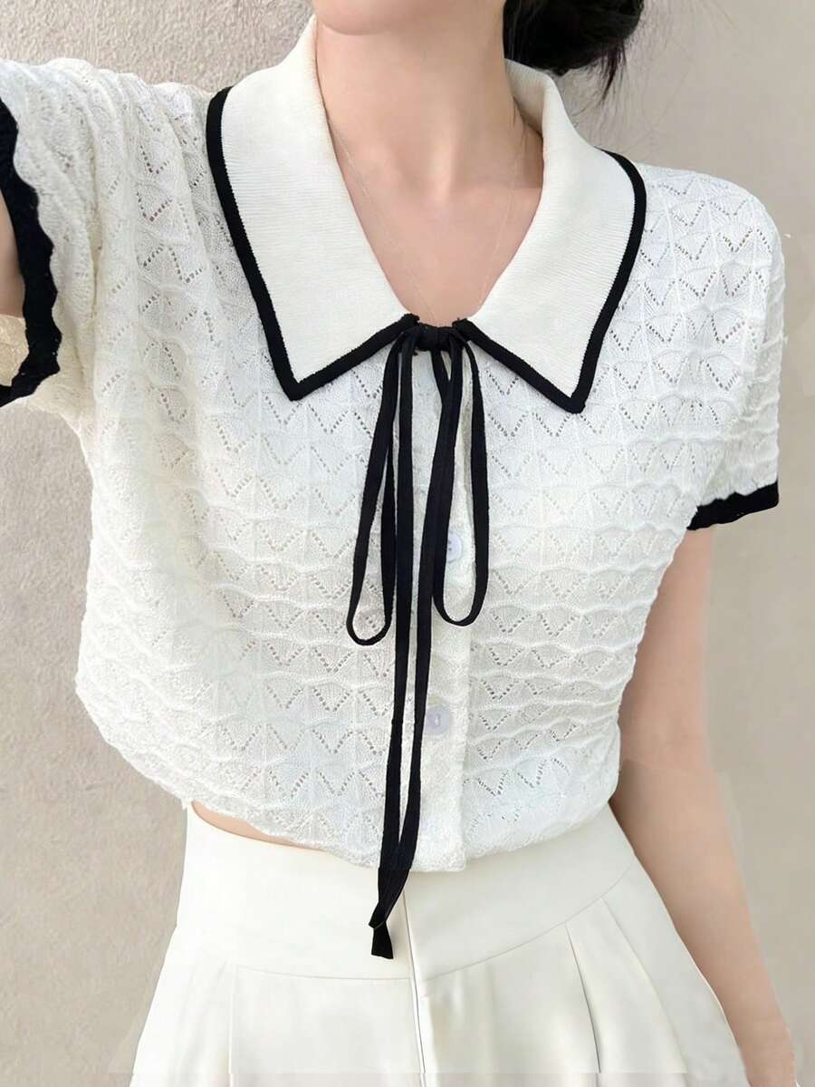 FRIFUL 女士撞色滚边前系结短袖轻薄开衫 - 米色 - 查看 1