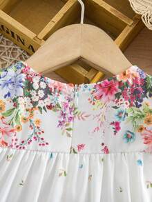 SHEIN Babygirl Elegant Floral Print White Cap Sleeve Dress - White - View 5