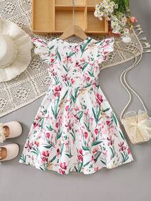 女童春夏休闲简约新款连衣裙,粉色碎花数码印花针织面料,圆领无袖荷叶边腰身连衣裙,适合可爱、优雅、简约的小女孩,适合日常、上学、外出、海滩、派对等场合。春夏儿童连衣裙,白色碎花连衣裙,女童短袖连衣裙,小女孩连衣裙,热带风情连衣裙 - 彩色 - 查看 3