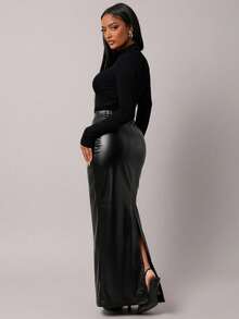 Radiana 女士时尚简约黑色PU高腰修身直筒半身裙，复古别致优雅仿皮裙，休闲商务风，适合日常出行、商务、办公、通勤等场合，弹力PU材质，贴身剪裁，易于搭配，百搭下装 - 黑色 - 查看 3