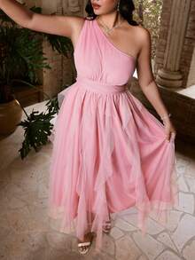 Roveilla Abito casual da vacanza asimmetrico con chiusura lampo e decorazioni, taglia comoda, colore rosa, adatto per primavera/estate - Rosa - Visualizzare 4