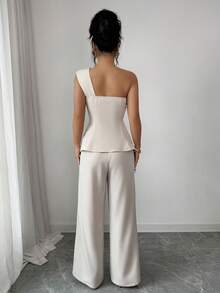 Elenzga 丝滑缎面高领荷叶边宽松A字露背无袖吊带背心，优雅法式浪漫复古风，适合办公室通勤、商务休闲、海滩度假等多种场合，简约百搭，春夏新款 - 杏色 - 查看 2