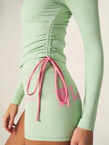 Missguided x Playboy Contrast Tie Ruched Active Zip Up Jacket With Long Sleeves And High Neck For Casual Wear And Athletic Activities - Mint Green - View 7