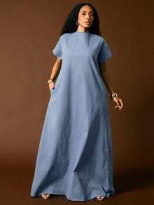 Vixey Đầm maxi denim tay bồng vai rớt cổ chữ V khoét sâu phía sau - Rửa nhẹ - Xem 1