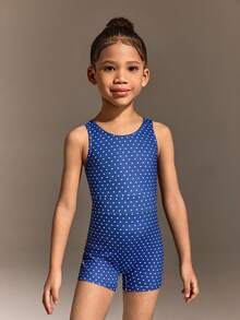 这款女童无袖连体衣采用蓝色底白色波点印花面料，高弹力设计，背部时尚镂空，活动自如，适合体操、瑜伽、居家锻炼以及日常休闲穿着。 - 藍色 - 查看 5