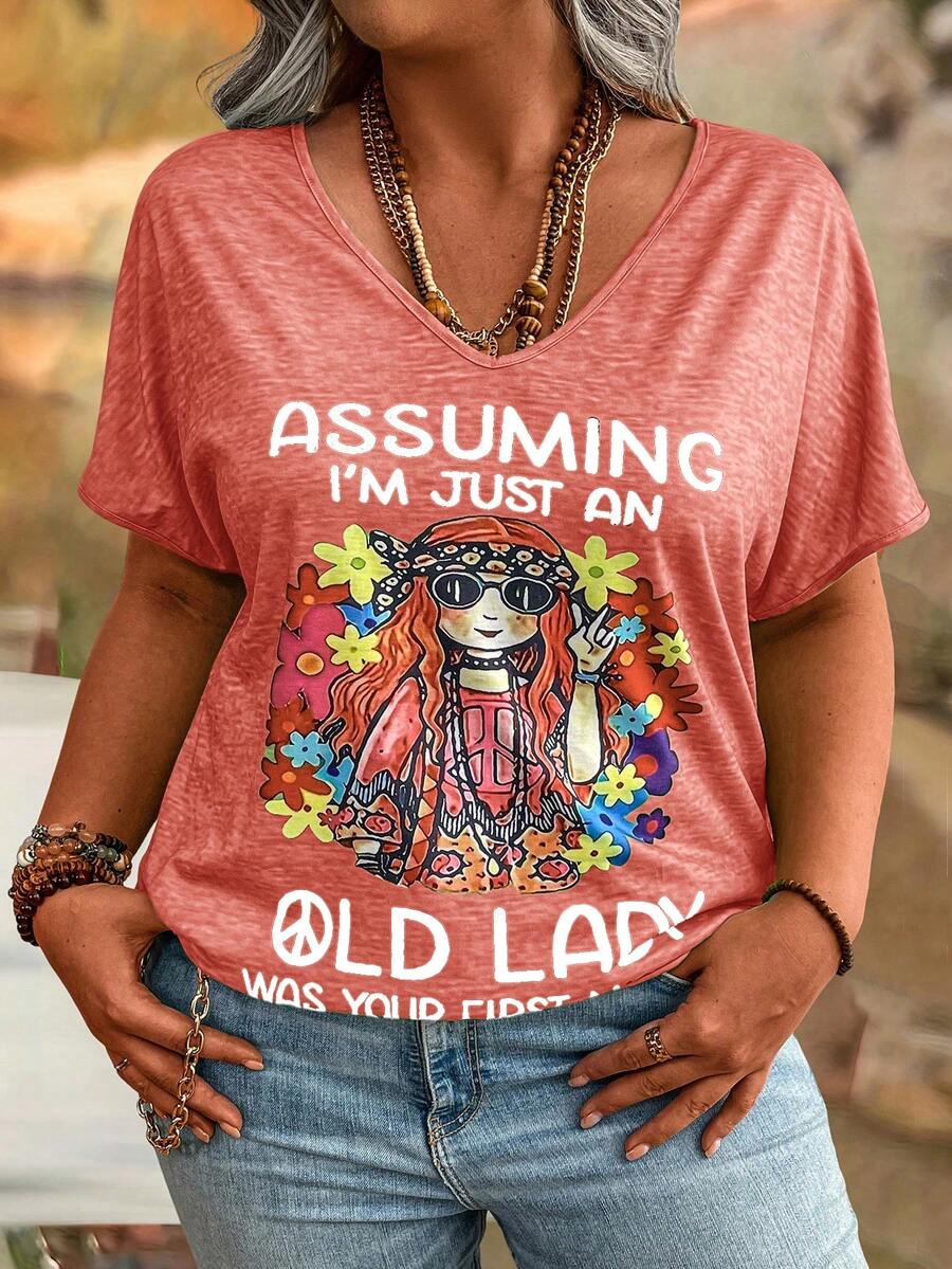 EMERY ROSE 大码时尚女童休闲V领T恤，黄色花朵图案，“以为我只是个老太太是你的第一个错误”图案T恤 女式上衣 - 彩色 - 查看 1